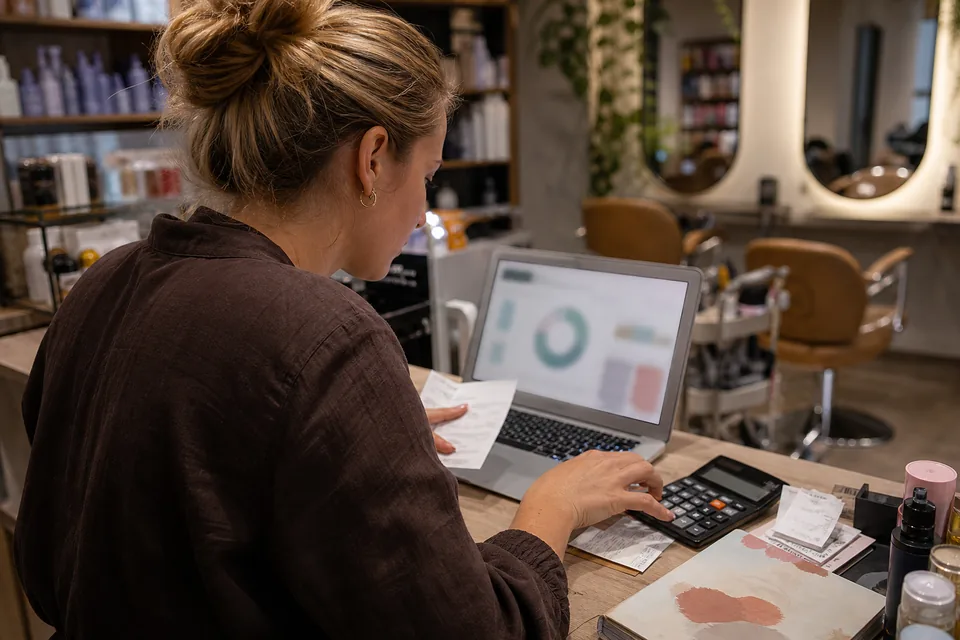 Właścicielka małej firmy rozpisuje miesięczny budżet marketingowy w arkuszu na laptopie