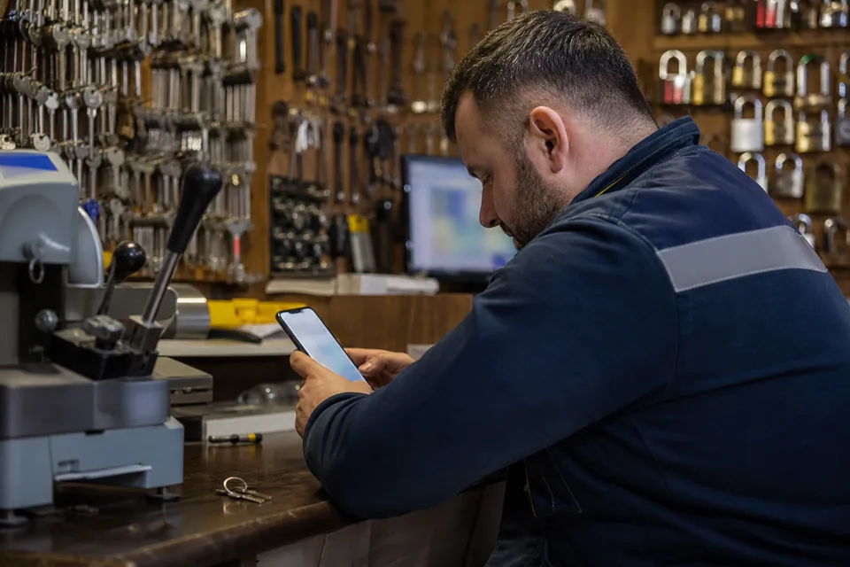 Właściciel firmy czyta na telefonie odpowiedź asystenta AI z poleceniem jego usługi