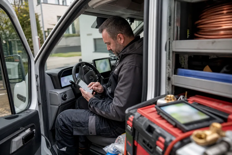 Właściciel firmy usługowej akceptuje w telefonie zadanie marketingowe przygotowane przez zespół
